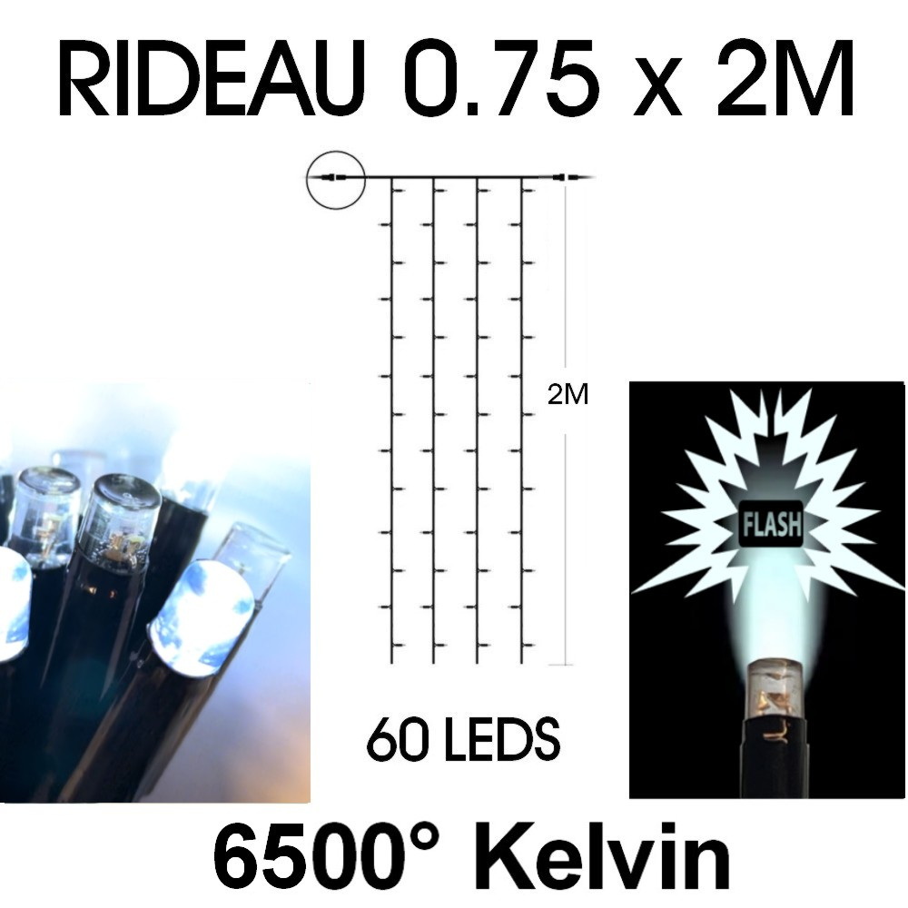 9553 - EXTENSION - Rideau long 60 LEDS (Flash) - Larg. 0,75m x Ht 200cm - Fil Noir - Blanc Froid 6500°K