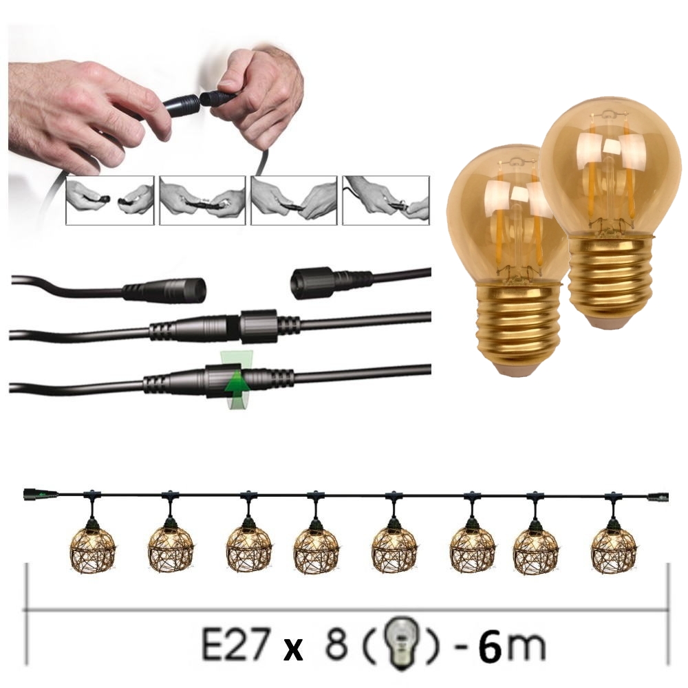 8606-G33-60L-P - Guirlande 6m 8xE27 Rattan Ball + prise