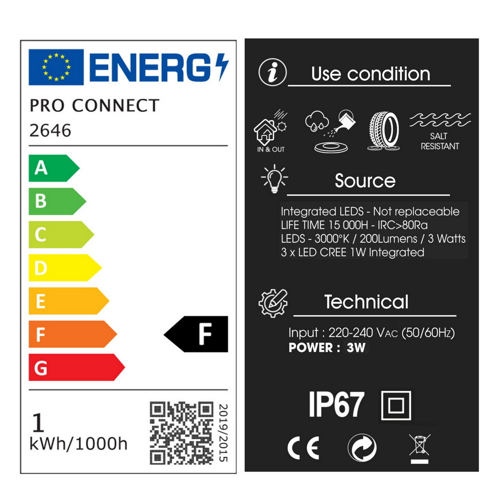 2646-D403 - Encastré béton Ø 52mm 3W 3000°K - Top INOX 3 fenêtres