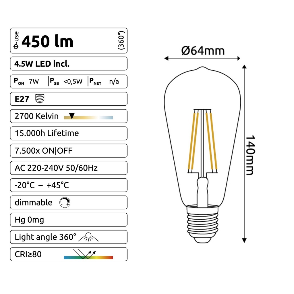 C720 - E27/ST64 -4,5W - 450 lm - Dim. -2700°K - Milky