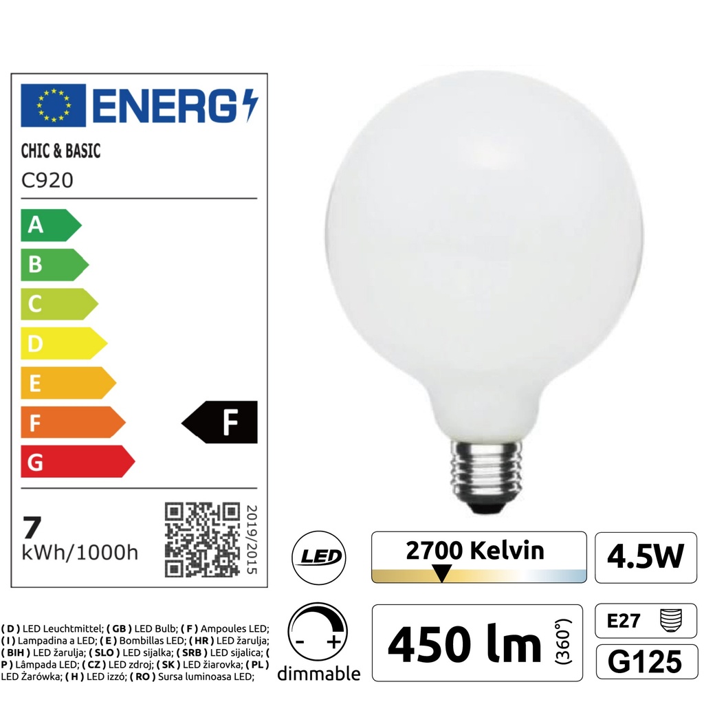 C920 - E27/G125 - 4,5W - 450 lm - Dim. - 2700°K - Milky
