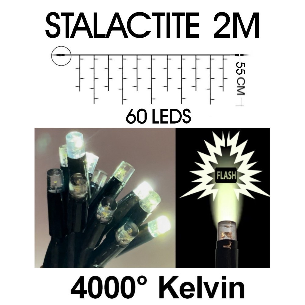 9532 - EXTENSION - Stalactite 60 LEDS (Flash) - L 2 m x H 55 cm -  Fil Noir - Blanc Chaud 4000°K