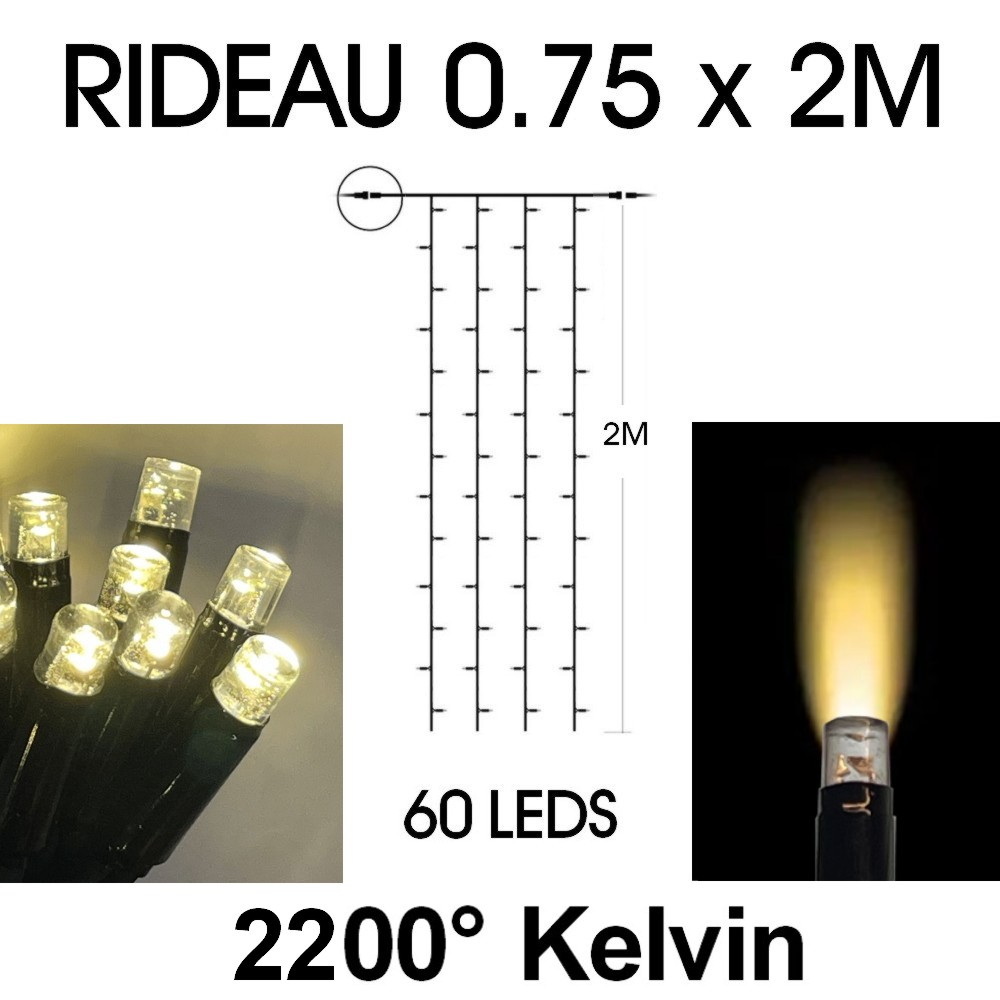 9550 - EXTENSION - Rideau long 60 LEDS (fixe) - Larg. 0,75m x Ht 200cm - Fil Noir - Blanc Chaud 2200°K