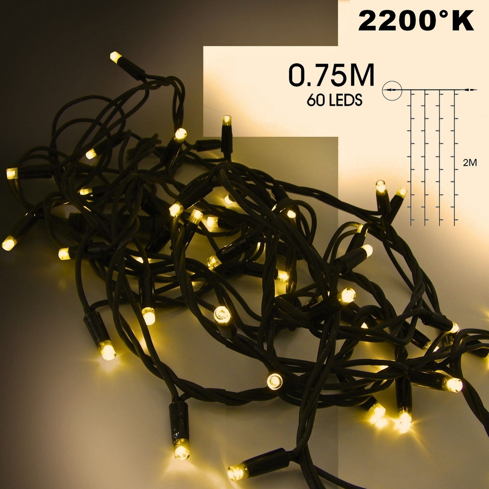 9550 - EXTENSION - Rideau long 60 LEDS (fixe) - Larg. 0,75m x Ht 200cm - Fil Noir - Blanc Chaud 2200°K