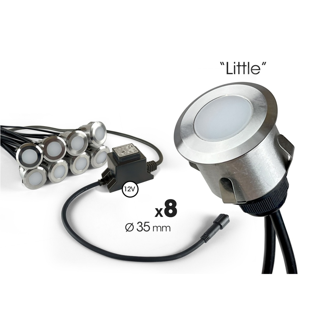 Kit 8 mini spot encastré bois Ø3,5cm + Trsf 12V
