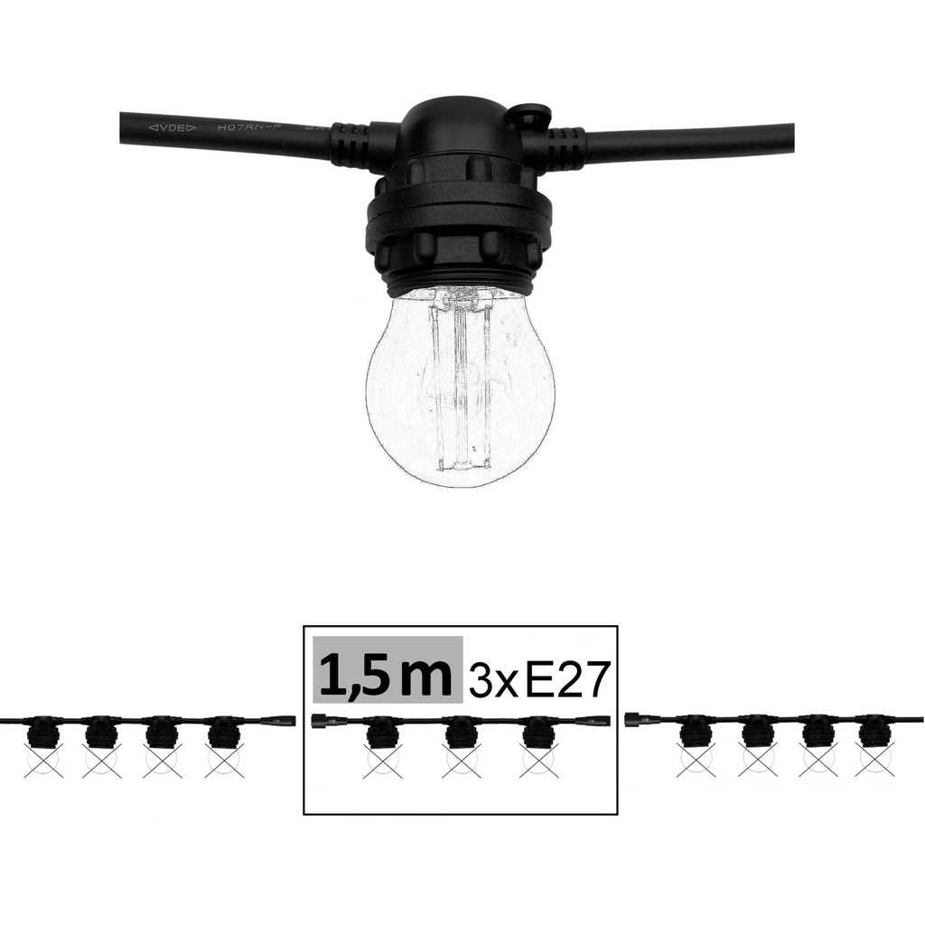 Guirlande 1,5 m - 3xE27, Raccordable jusqu'à 300m (Vendu sans ampoules)